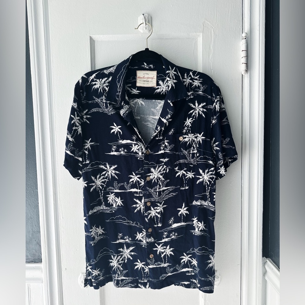Weatherproof Vintage Medium Navy Blue Hawaiian Shirt